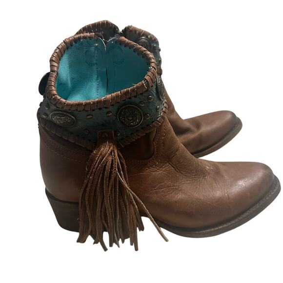 Corral Emma Ankle Boots Western Women's Size 7.5 Brown Turquoise Fringe Leather - Picture 1 of 9